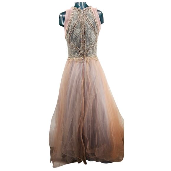 Glamour by Terani Light Peach Blush Beaded Sleeveless Ball Gown Prom Dress 14 L - Picture 2 of 14